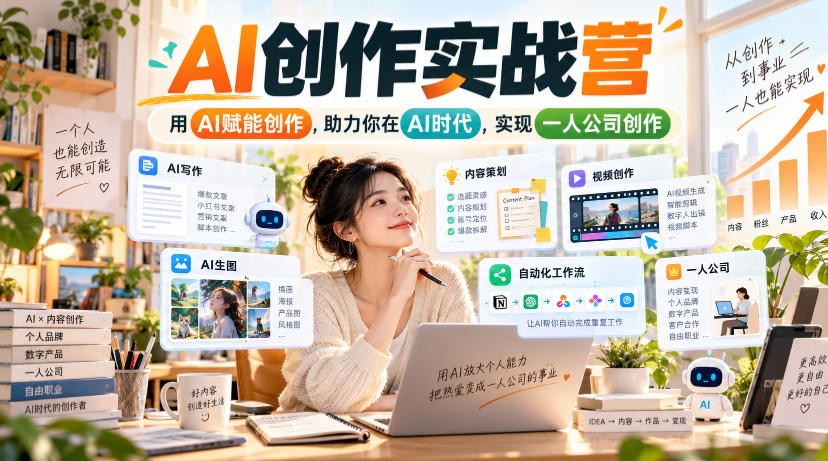 AI创作实战营,用AI赋能创作,助力你在AI时代,实现一人公司创作-识享社