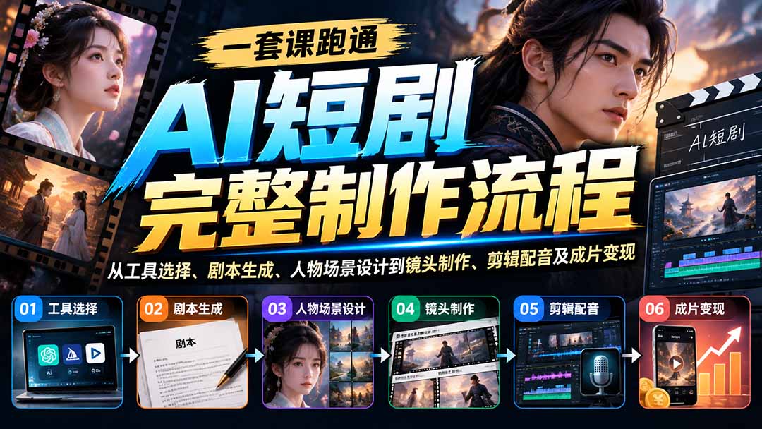 一套课跑通AI短剧完整制作流程：从工具选择、剧本生成、人物场景设计到镜头制作、剪辑配音及成片变现-识享社