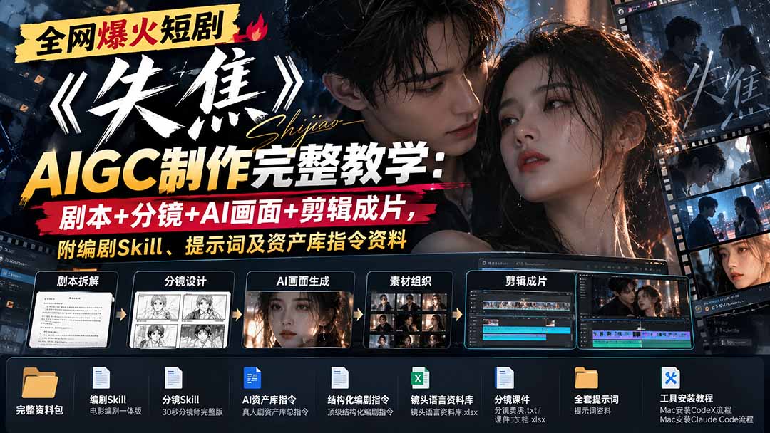 全网爆火短剧《失焦》AIGC制作完整教学：剧本+分镜+AI画面+剪辑成片，附编剧Skill、提示词及资产库指令资料-识享社
