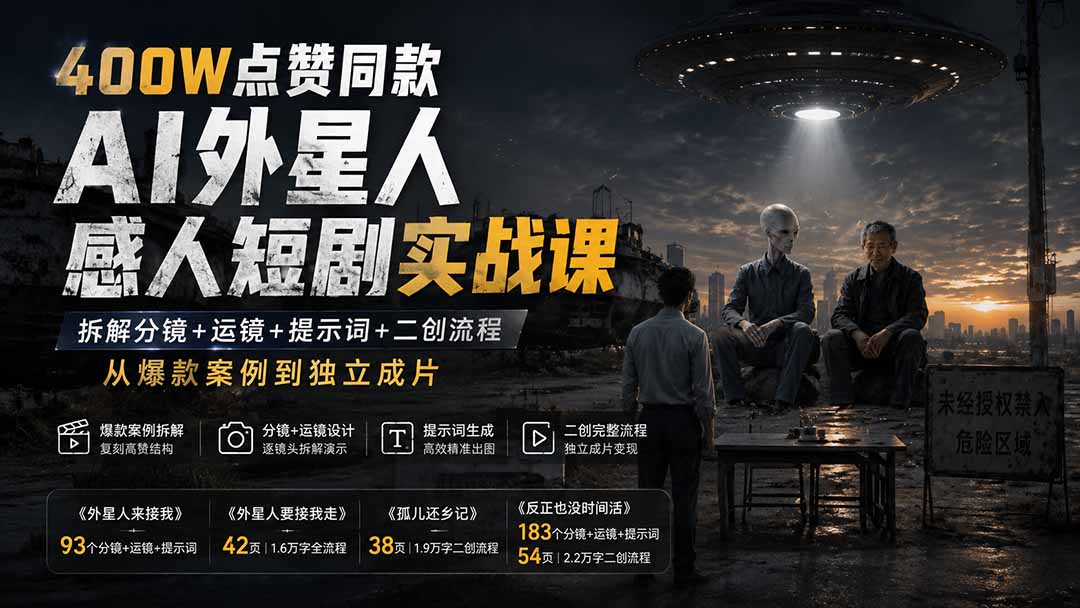 400W点赞同款AI外星人感人短剧实战课-更新1009:拆解分镜+运镜+提示词+二创流程,从爆款案例到独立成片-识享社