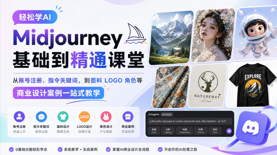 轻松学AI Midjourney基础到精通课堂,从账号注册、指令关键词,到面料LOGO角色等商业设计案例一站式教学-识享社