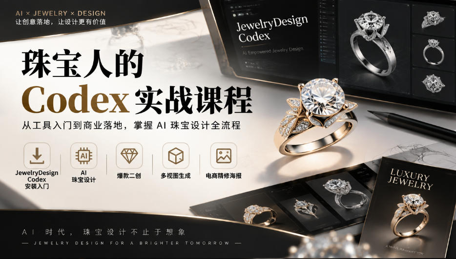 珠宝人的Codex实战课程｜JewelryDesign Codex安装入门、AI珠宝设计、爆款二创、多视图生成、电商精修海报全链路教学-识享社