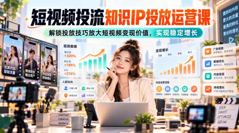 短视频投流知识IP投放运营课,解锁投放技巧放大短视频变现价值,实现稳定增长-识享社