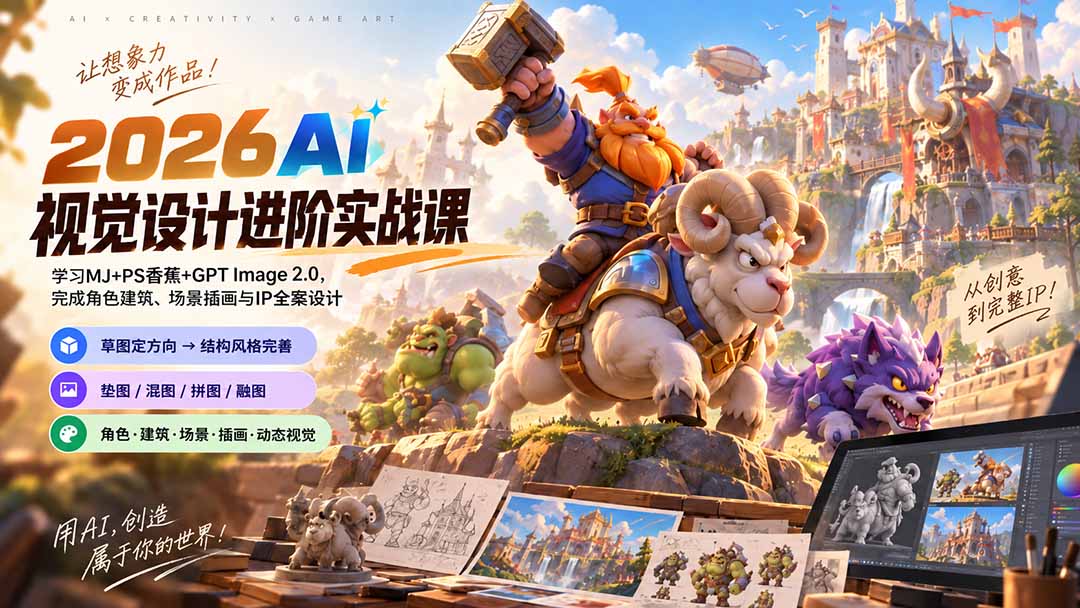 2026AI视觉设计进阶实战课-更新1007：学习MJ+PS香蕉+GPT Image 2.0，完成角色建筑、场景插画与IP全案设计-识享社