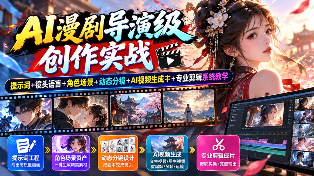AI漫剧导演级创作实战:提示词+镜头语言+角色场景+动态分镜+AI视频生成+专业剪辑系统教学-识享社