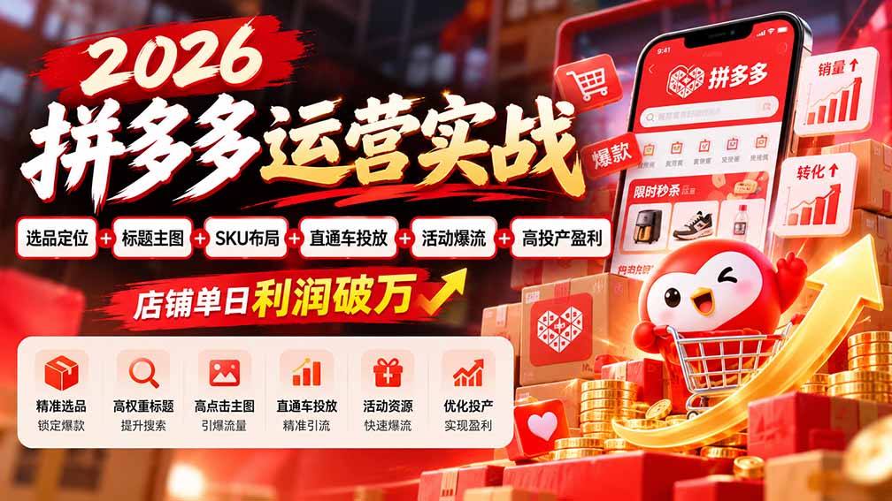 2026拼多多运营实战-更新1002：选品定位+标题主图+SKU布局+直通车投放+活动爆流+高投产盈利 店铺单日利润破万-识享社