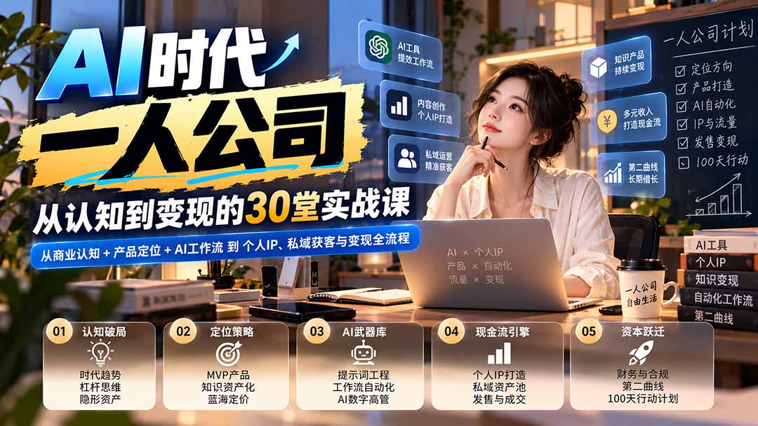 【无水印】AI时代一人公司30堂实战课：从商业认知+产品定位+AI工作流到个人IP、私域获客与变现全流程-识享社