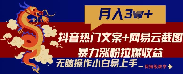 抖音热门文案+网易云截图暴力涨粉拉爆收益玩法，小白无脑操作，简单易上手【揭秘】-识享社