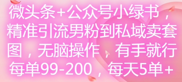微头条+公众号小绿书，精准引流男粉到私域卖套图，无脑操作，有手就行，每单99-200，每天5单-识享社